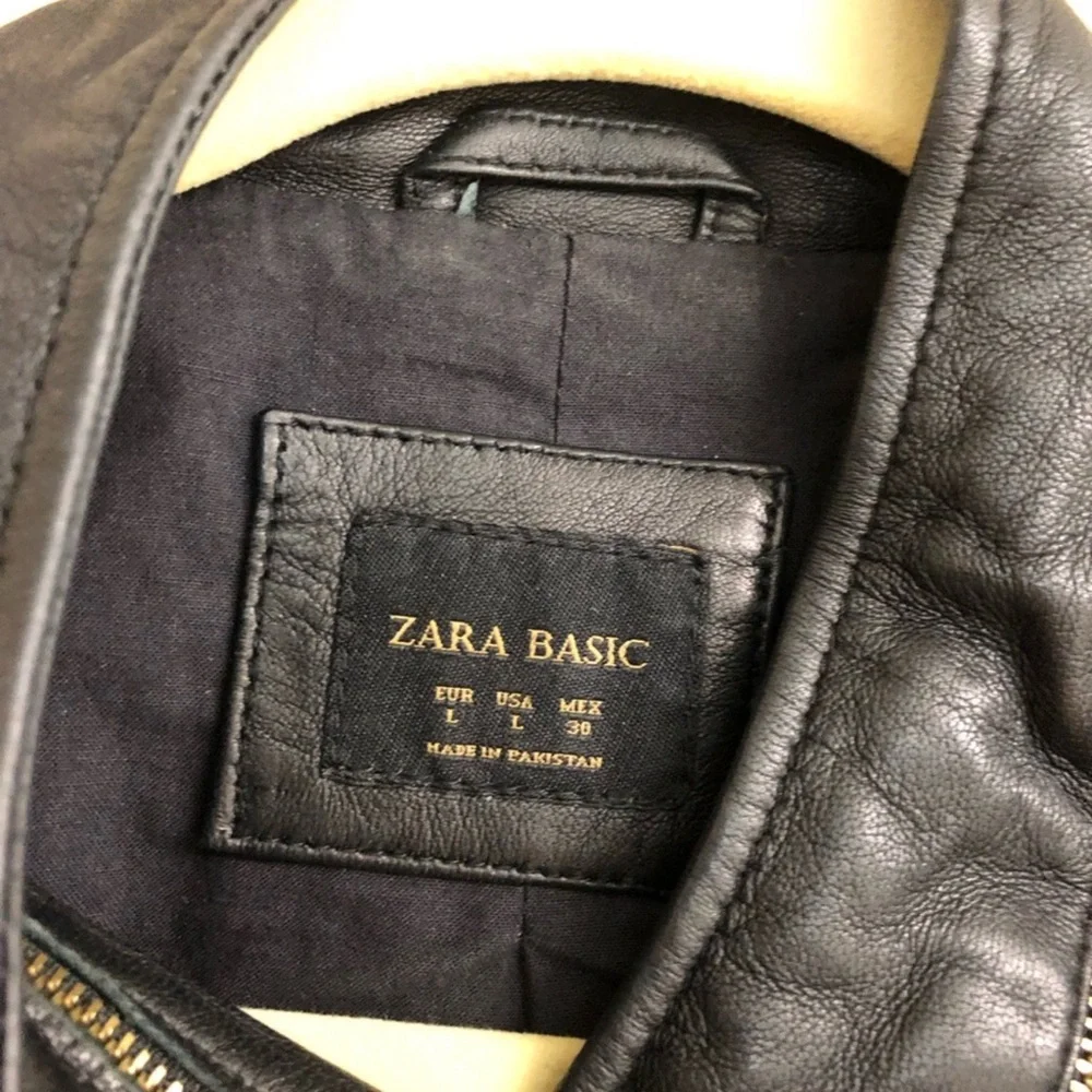 Zara Black Leather Women’s Zippered Moto Jacket, fitted, casual, stand collar, L - Picture 5 of 12